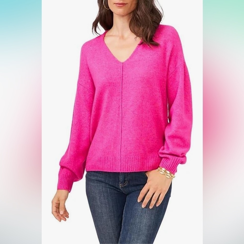 Vince Camuto Size Small V-Neck Pink Sweater Acrylic-Polyester-Spandex